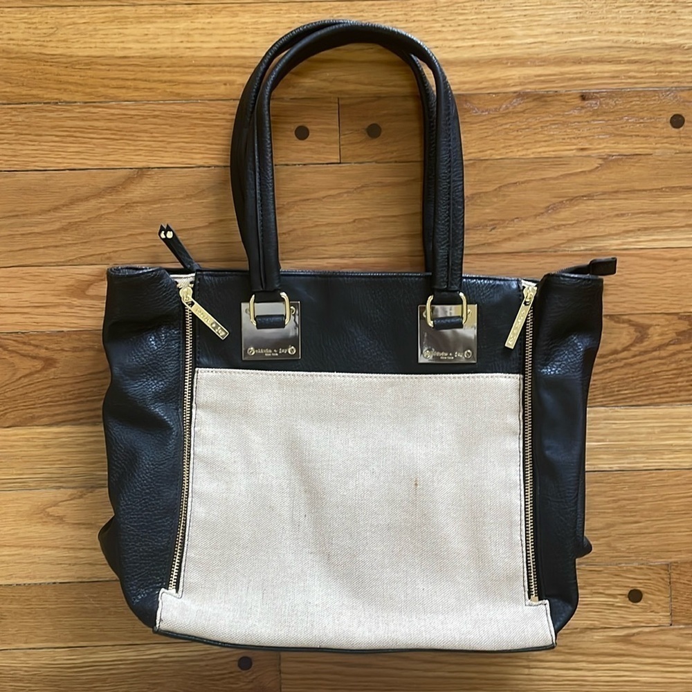 Olivia + Joy Black Pebbled Faux Leather Natural Tan Canvas Shoulder Bag Tote